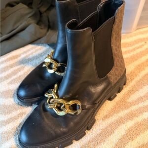 Michael Kors Scarlett Lug Black and Brown Ankle Boots with Gold Chain